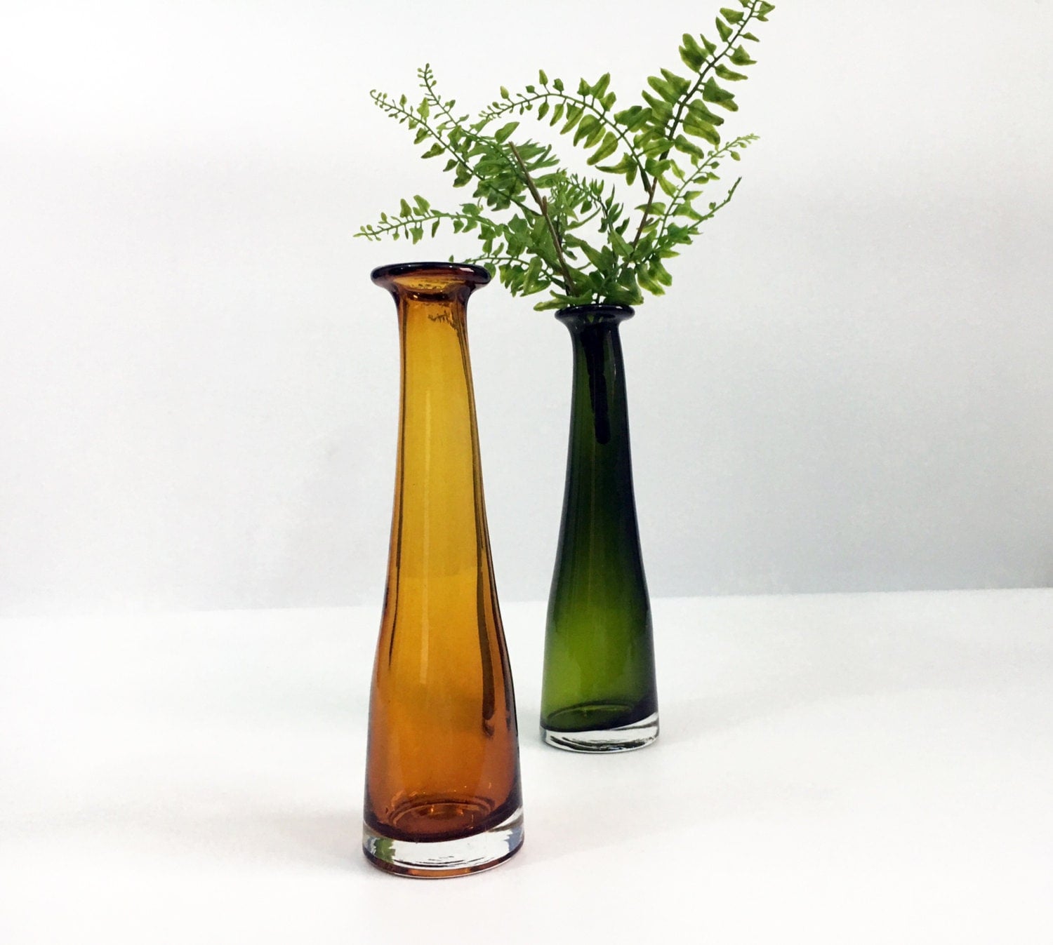 Tall Glass Vases Vintage Green and Yellow/Amber Hand Blown Retro