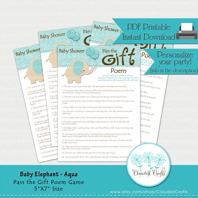 Baby Elephant Aqua Pass The Gift Poem Baby Shower Game Card