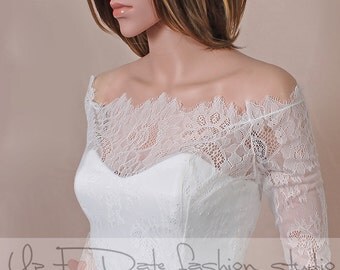 Off-Shoulder /ivory/ wedding bolero/chantilly lace style /bridal shrug /jacket 3/4 sleeve