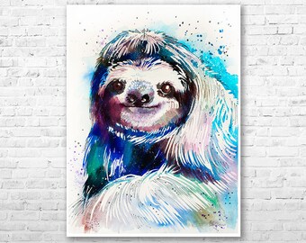 Sloth watercolor painting print by Slaveika Aladjova, animal art, illustration,wall art, home decor, wildlife, gift, Giclee Printt