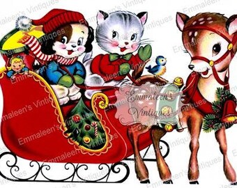 Vintage Shabby Retro Santa's Sleigh and Reindeer Christmas Digital Download — Printable Ephemera
