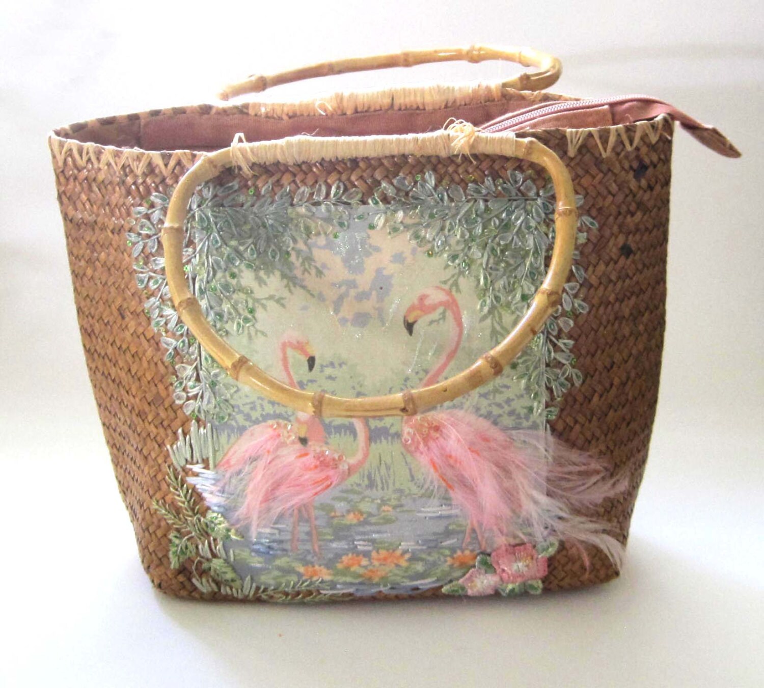 Capelli Flamingo Straw Beach Bag Pink Feathers and Sequins