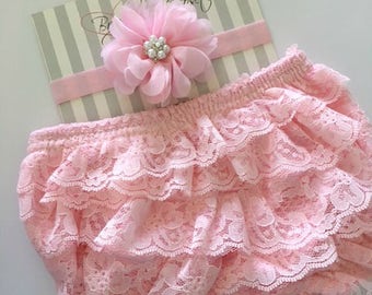 Lace Bloomers, Pink Lace Bloomers, Pink Headband, Newborn Photo Prop, Newborn to 12 Months