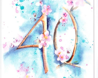 40th Birthday Card, Watercolour Card, Watercolor Card, 40th Card, Spring 40th Birthday Card, Floral 40th Birthday Card, Cherry Blossom Card
