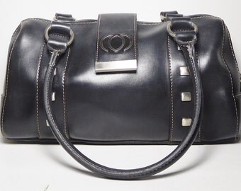 Black Soft Pliable Vinyl Top Handle Bag Short Handles Fold Over Closure with Magnetic Snap Closure Zipper Closure Silver Tone Studs Vintage