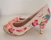 Ladies shoes, cupcake shoes, wedding shoes, tea party, afternoon tea rockabilly customised shoes, ladies low heel shoes, mid heel shoes