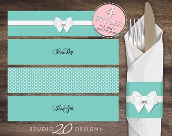 Instant Download Aqua Napkin Rings, Printable Aqua White Bow Baby Shower Napkin Wraparounds, Gender Neutral Napkin Rings 53A