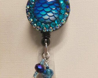 Mermaid retractable Badge Reel, dragon scale, double layer rhinestones, fish scales, mermaid tail,student id, work id, medical id
