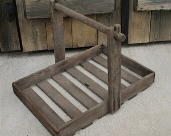 Vintage Berry Basket Carrier, Strawberry Carrier Berry Crate, Wood Homemade Berry Tote