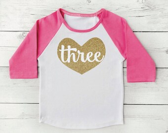 Three Year Old Birthday Outfit 3 Year Old Birthday Shirt Toddler Girl Raglan Shirt 3rd Birthday Shirt Glitter Gold Clothes 103