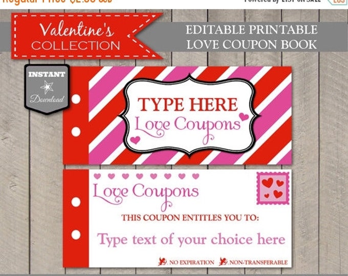 SALE SALE INSTANT Download Editable Printable Love Coupon Book / Type Your Own Text / Personalized / Valentine's Collection