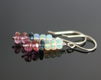 Opal earrings, Pink topaz earrings, London Blue topaz earrings, opal gift for her, Ethiopian opal jewelry, October birthstone gift