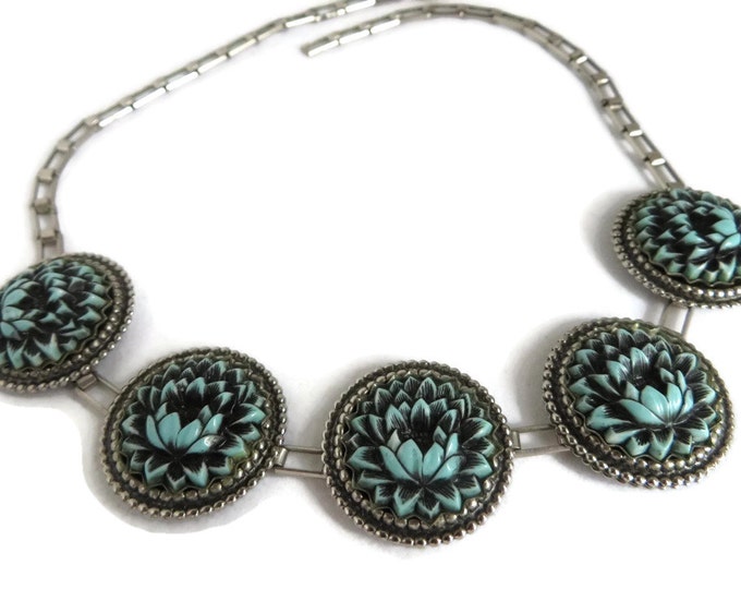 Faux Turquoise Flower Disk Necklace, Vintage Silver Tone Chain Link Necklace