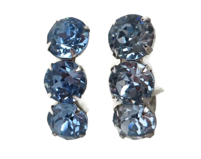 Blue Rhinestone Earrings Vintage Silver Tone Screwback Earrings, Bridal Jewelry
