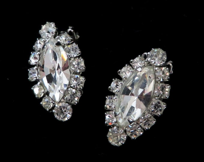 Weiss Oval Rhinestone Earrings, Vintage Clear Rhinestone Clip-on Earrings, Bridal Jewelry