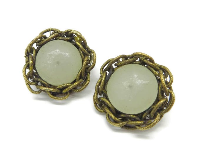 Vintage Miriam Haskell Button Earrings, Mid-Century Designer Braided Brass and Glass Button Clip-ons