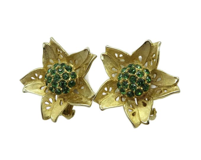 Vintage Weiss Earrings - Green Rhinestone Gold Tone Flower Clip-on Earrings, Mid Century Designer Signed Jewelry, Gift idea, Gift Boxed