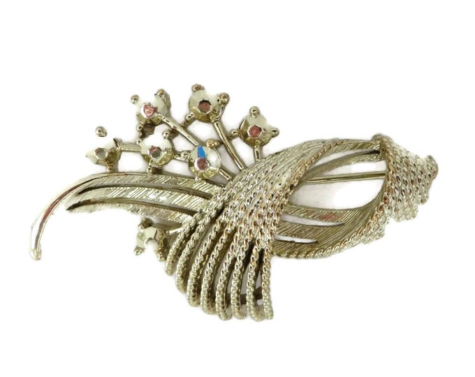 Lisner Brooch, Gold Tone Rhinestone Brooch, Vintage Flowering Leaf Pin, Gift for Her