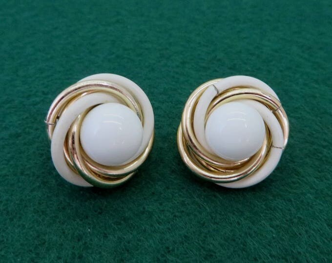 Trifari White Gold Earrings - Vintage Designer Signed Swirl Clip-on Earrings