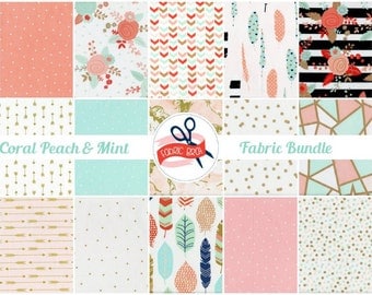 CORAL PEACH & MINT Fabric Bundle Fabric by the Yard Fat Quarter Stripe Fabric Triangle Fabric Quilt Fabric 100% Cotton Fabric Apparel Fabric