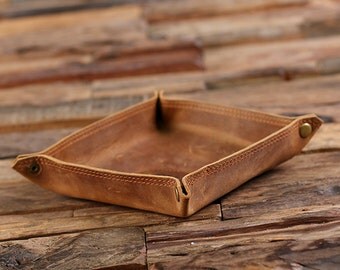 Personalized Engraved Collapsible Leather Valet Tray Coin Dish, Holder, Tray Groomsmen, Father's Day Christmas Gift for Men, Dad, Boyfriend