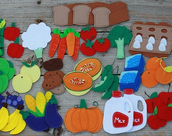 Felt food, felt eggs, milk, bread, vegetables and fruit, Pretend food, Play food, Felt board pieces, 3-10cm, 1 pcs - Choose your set
