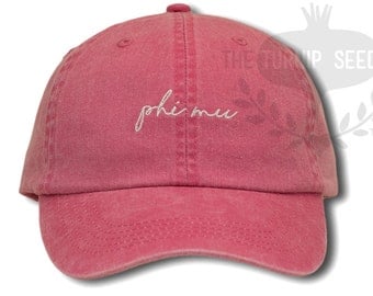 Phi Mu Handwriting Script Sorority Baseball Cap - Custom Color Hat and Embroidery
