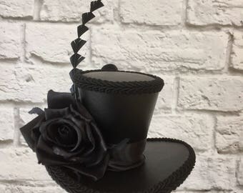 Black Top Hat, Black Faux Leather Top Hat, Black Faux Leather Mini Top Hat, Black Rose Mini Top Hat