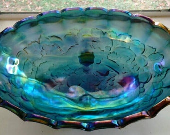 Blue Carnival Glass Footed Fruit Bowl Centerpiece - Beautiful!