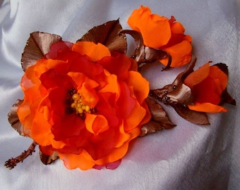 Wedding hair/dress accessories, flower clip and pin, floral hairpiece, bridal hair accessory, orange flower hair clip, 100% handmade.