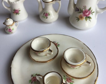 10 Piece Brinn Bone China Miniature Set. Beautiful Pink Rose Pattern. Very Dainty. Collectors Set.