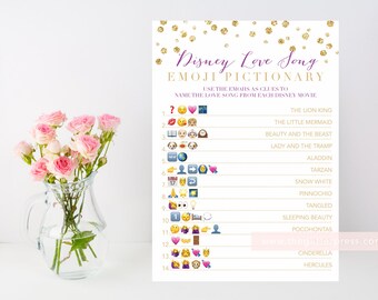 Gold Disney Love Song Bridal shower game, emoji printable, gold confetti, purple pink gold, downloadable shower game, INSTANT DOWNLOAD 008