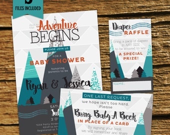 Adventure Baby Boy Shower Invitation Kit, Co-ed, Custom Baby Shower, Mountain, Adventure Begins, Adventure Awaits, mountain, woodland