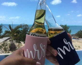 Mr and Mrs Can Cooler Set, Beverage Insulator, Custom Can Cooler, Beach Beer Holder, Drink Holder, Honeymoon Gift, Honeymoon