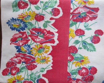 Vintage Brightly Colored Kitchen Linen/Flowered Kitchen Towel/Red Trimmed Kitchen Towel/Dish Towel/Farmhouse Kitchen/Vintage Kitchen