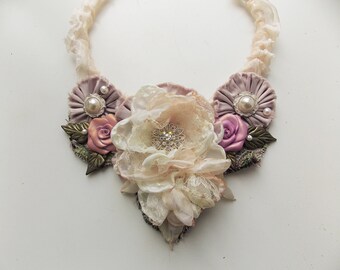 Wedding Textile necklace, fabric bridal necklace, floral fantasy fairy, fabric flower, fabric jewelry, wedding bridal festival rose necklace