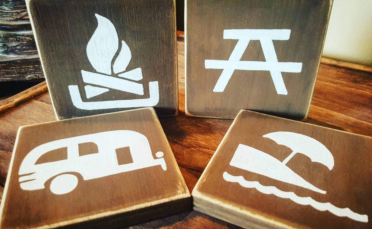 Drink Coasters, Wooden coasters, Camping, RV living, Outdoor, Campfire, Lakehouse, Cabin decor, Park sign coasters, Barware, Happy camper