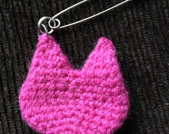 Pink Pussycat Safety Pin Brooch - Crocheted Cat Head Pin - Pussyhat Project, Women's Movement