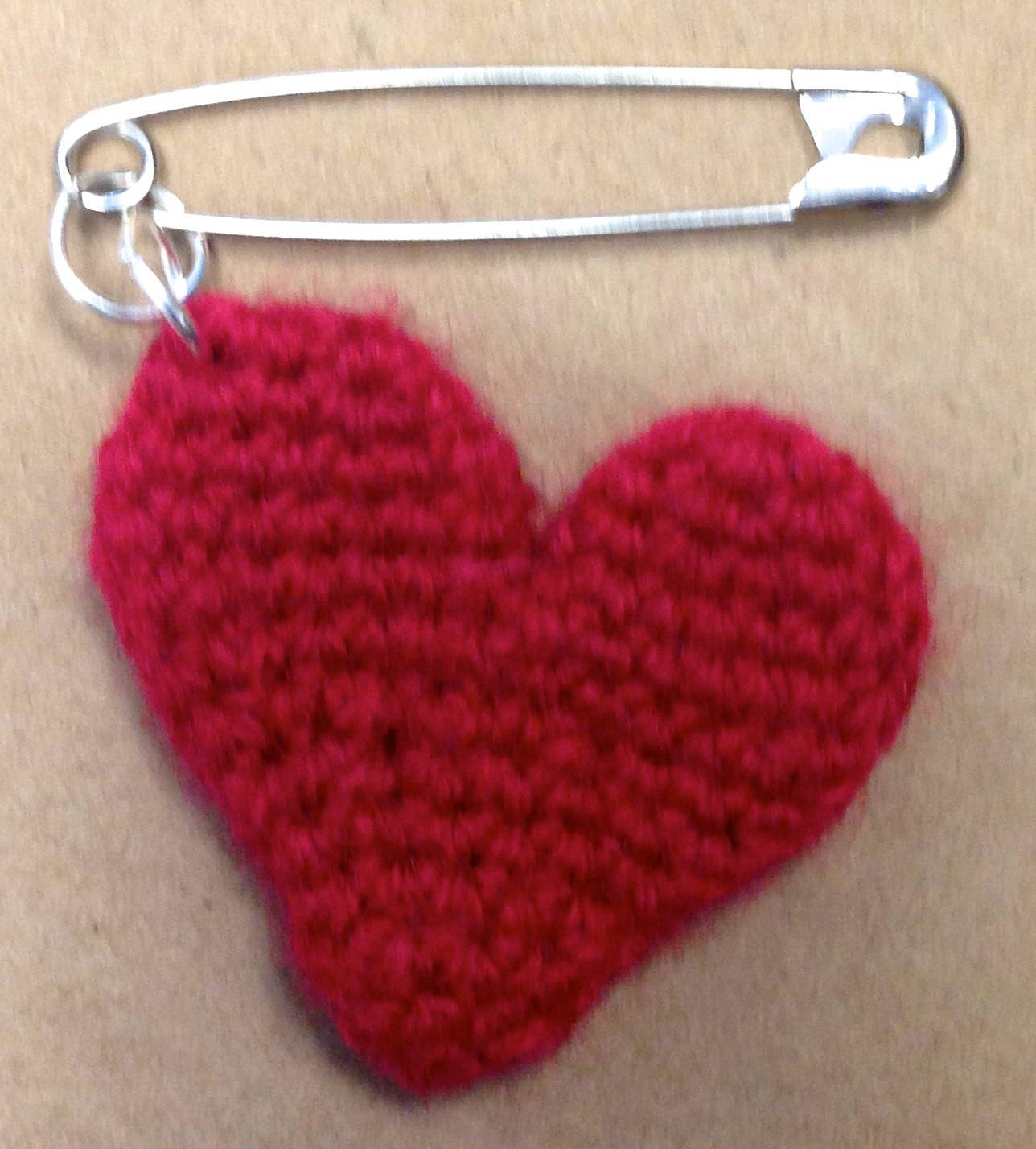 Red Heart Safety Pin Brooch Crocheted Heart Solidarity