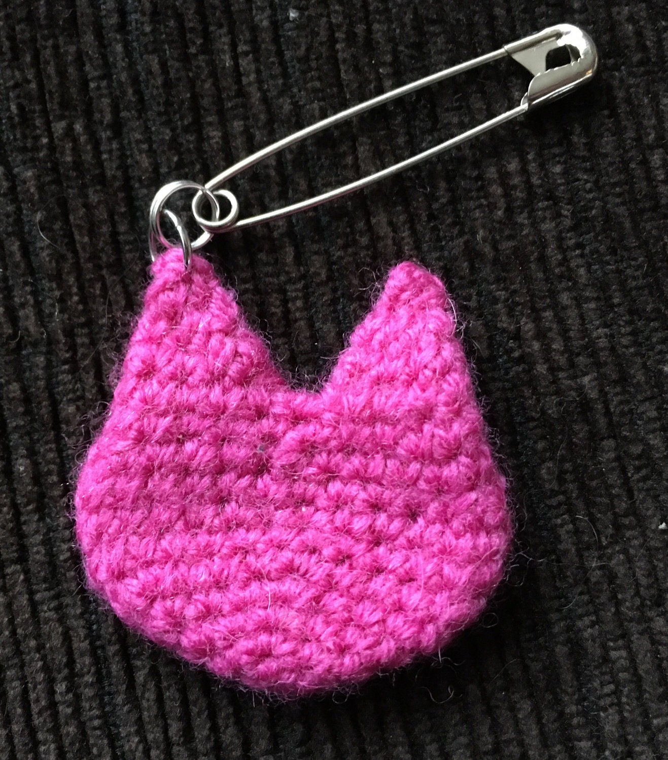 Pink Pussycat Safety Pin Brooch Crocheted Cat Head Pin