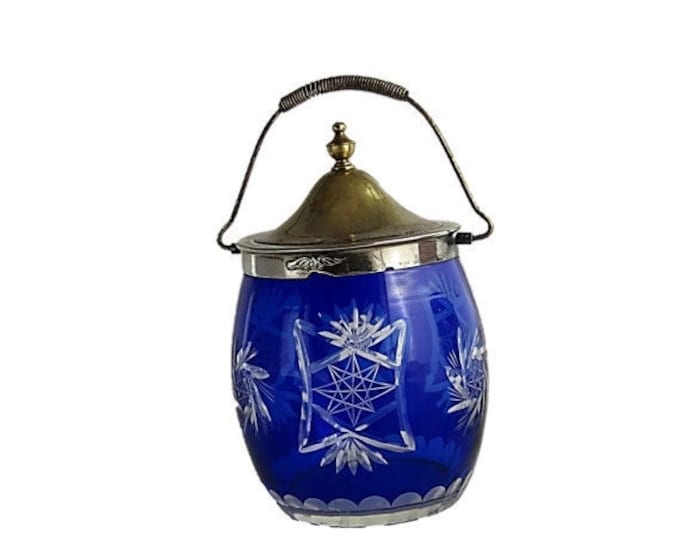 Vintage Cobalt Blue Cut Glass Biscuit Jar | Bohemian Czech Style Cobalt Blue Tea Caddy | Cobalt Blue Cut to Clear Crystal Large Jar Mom