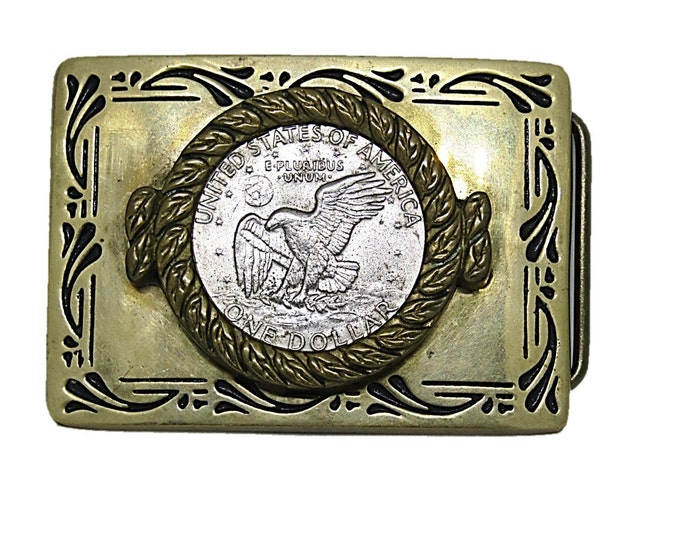 Solid Brass Belt Buckle with Eisenhower Dollar Coin Vintage Apollo 11 Mission Insignia BBB Belt Buckle | Flying Eagle Buckle | Baron Buckle