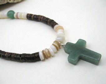 Mens jade necklace, boys jade necklace, mens cross, boys cross necklace, boy's cross choker, men's cross necklace, mens green jade cross