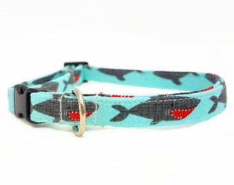 Cat Collar - "Shark" - Safety Buckle/Breakaway - Light Blue Cat Collar- Cotton Fabric with Webbing Core - Soft/Sturdy - Fun/Cute Cat Collar