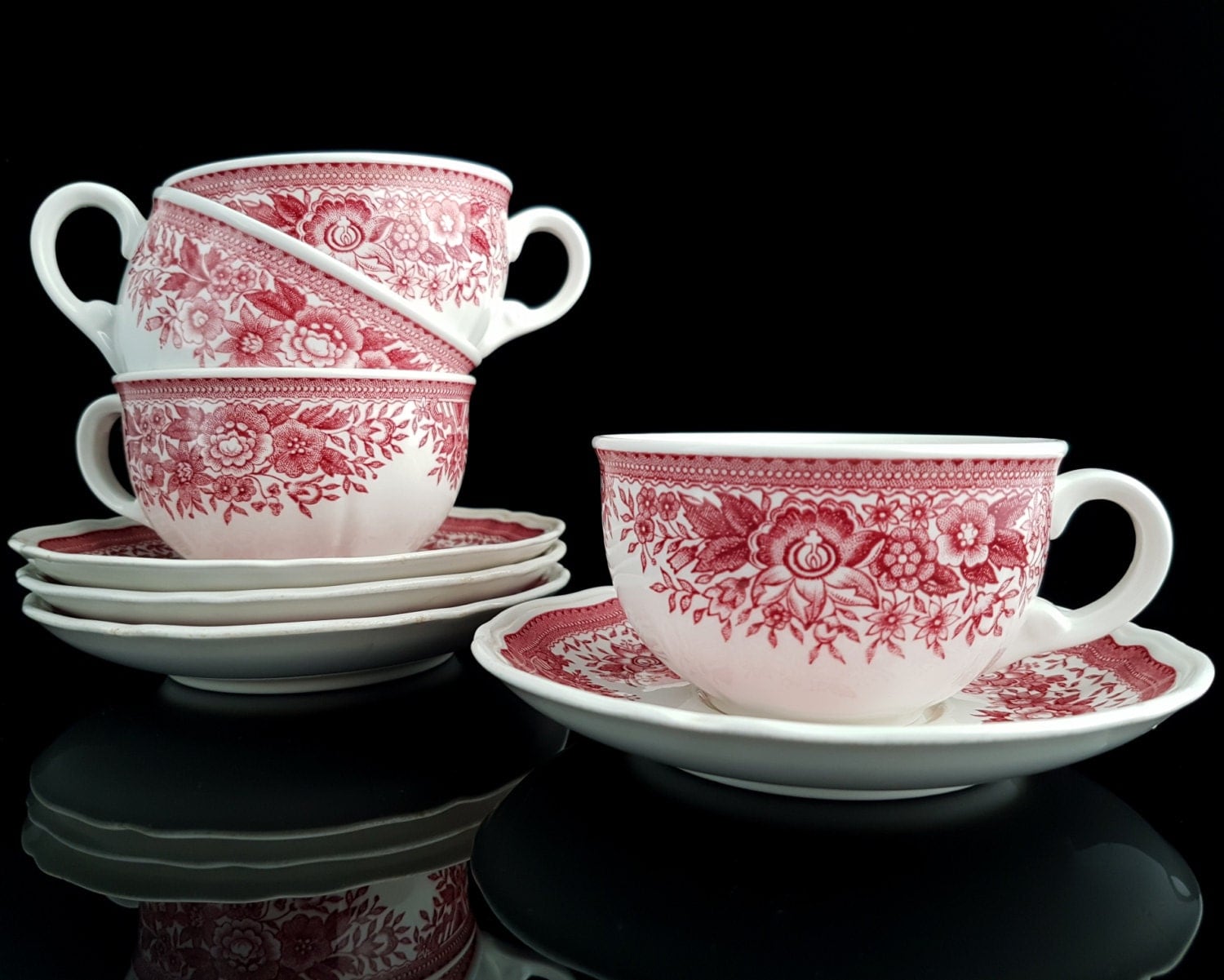 Vintage Tea Cups with Saucers Red and White Porcelain