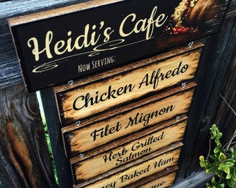 Now Serving Menu, Custom Kitchen Decor, Grapes and Wine, Wooden Cafe Sign, Hanging Menu, Rustic Cafe Sign, Restaurant Menu, Personalized