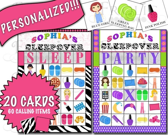 items-similar-to-personalized-sleepover-party-bingo-20-printable-cards