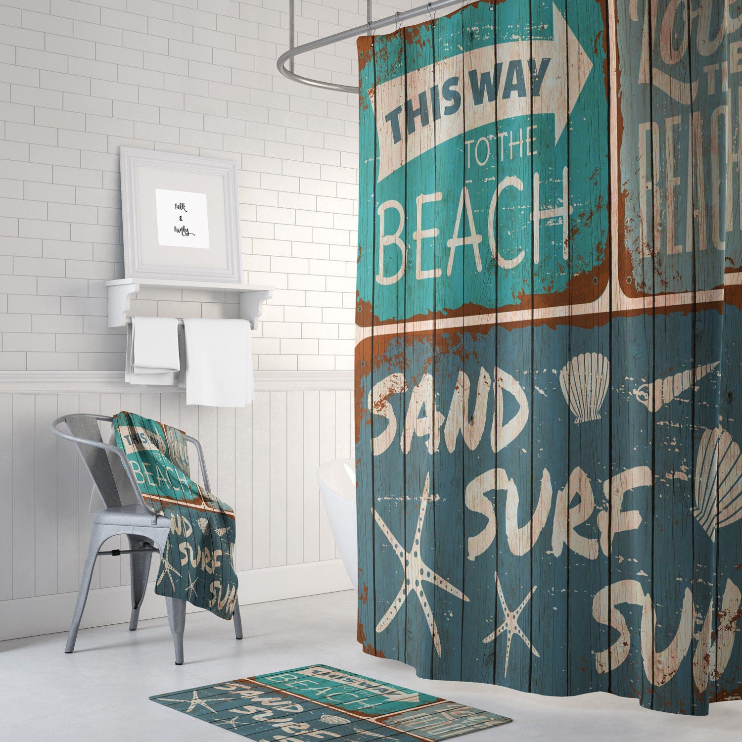 Beach Shower Curtain Rustic Sign Faux Wood Optional Bath Mat