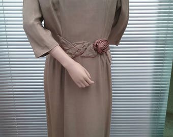 Olive Green Shantung Silk True Vintage Dress 1950s 50s