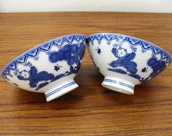 Japanese Blue And White Ceramic Playing Boys Bowls Rice Bowls Set Of 2